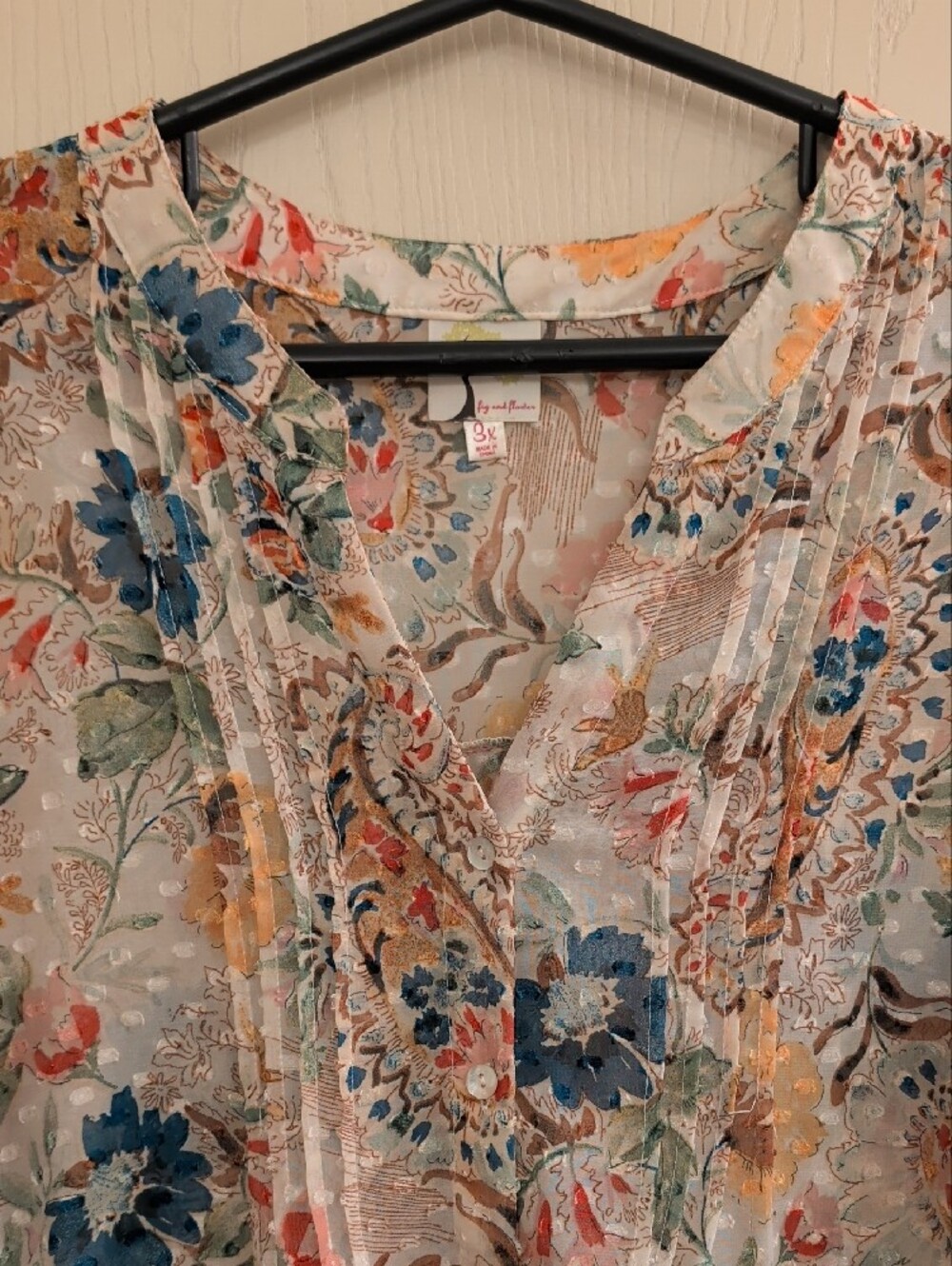 Fig & Flower Boho Border Print Button Down Top 3X Sheer Pleated Floral Paisley - Picture 3 of 11